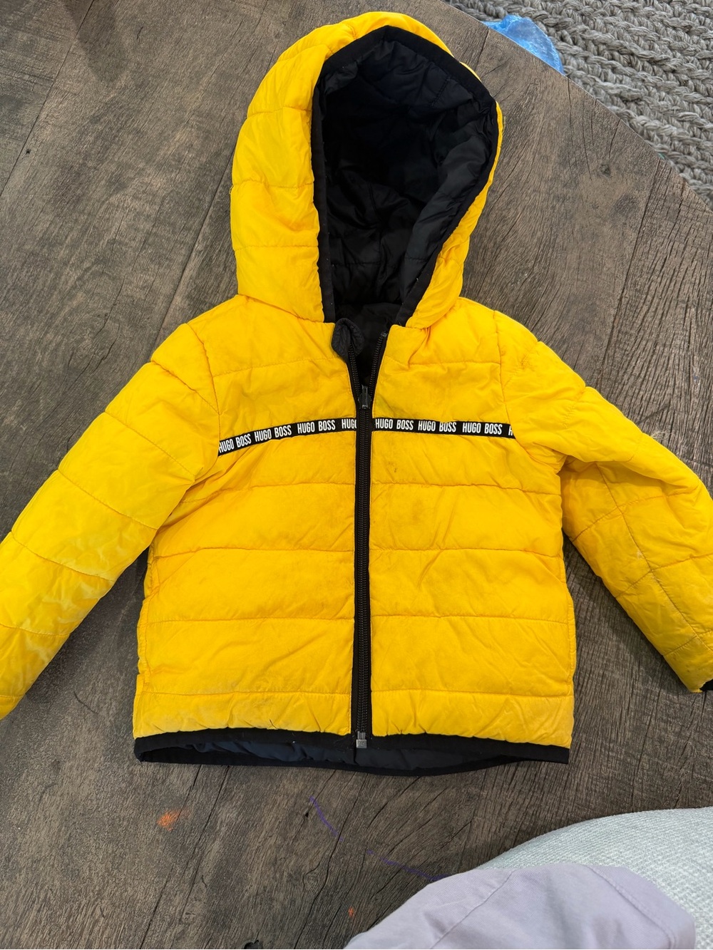Hugo Boss Yellow and Black Quilted Hooded Puffer Jacket